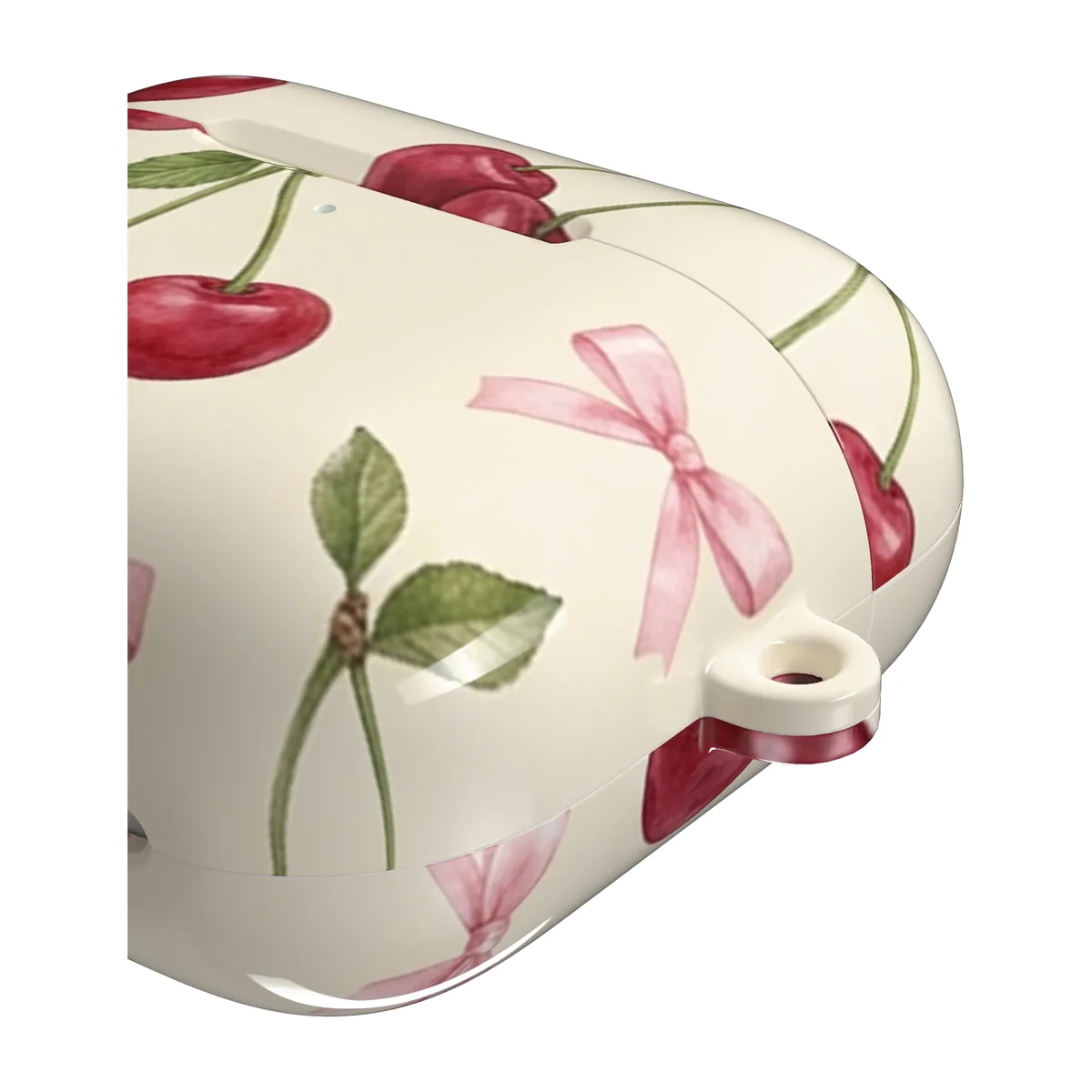Cherry Bow Toss Hard case for AirPods 4, close-up of the print wrapping the edge