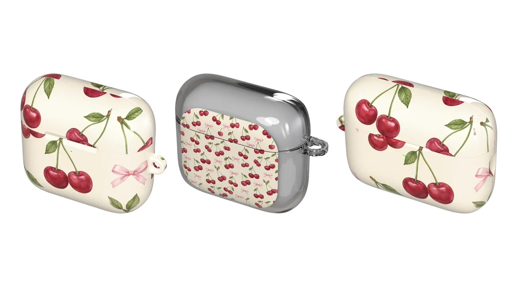 Cherry Bow Toss Hard and Soft cases for AirPods 4 and a Hard case for AirPods Pro 3, angled views