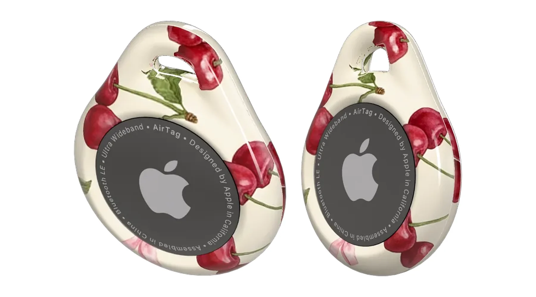 Cherry Bow Toss AirTag holder, angled and side views