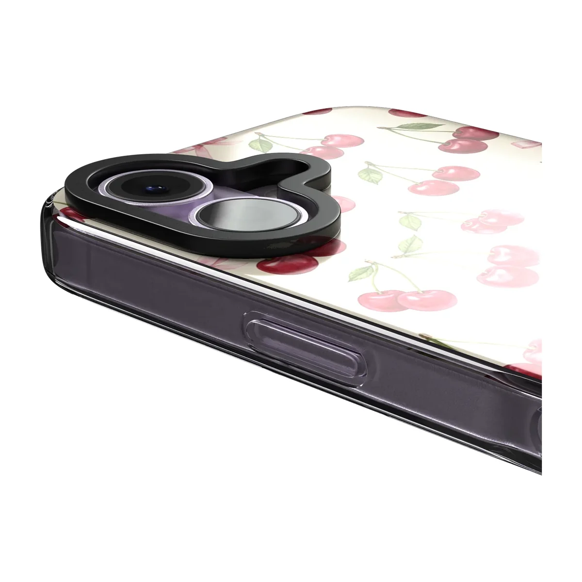 Cherry Bow Toss Clear Impact case for iPhone 17, close-up of the raised camera frame