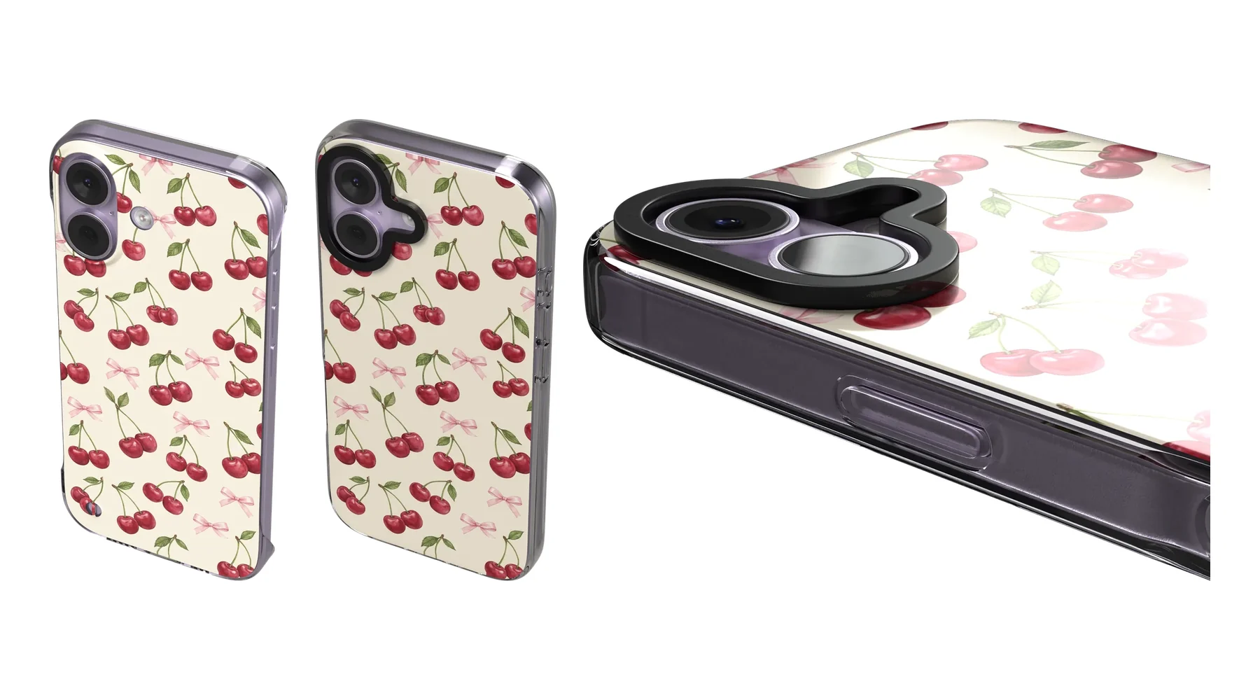 Cherry Bow Toss Clear and Clear Impact cases for iPhone 17, angled and close-up views