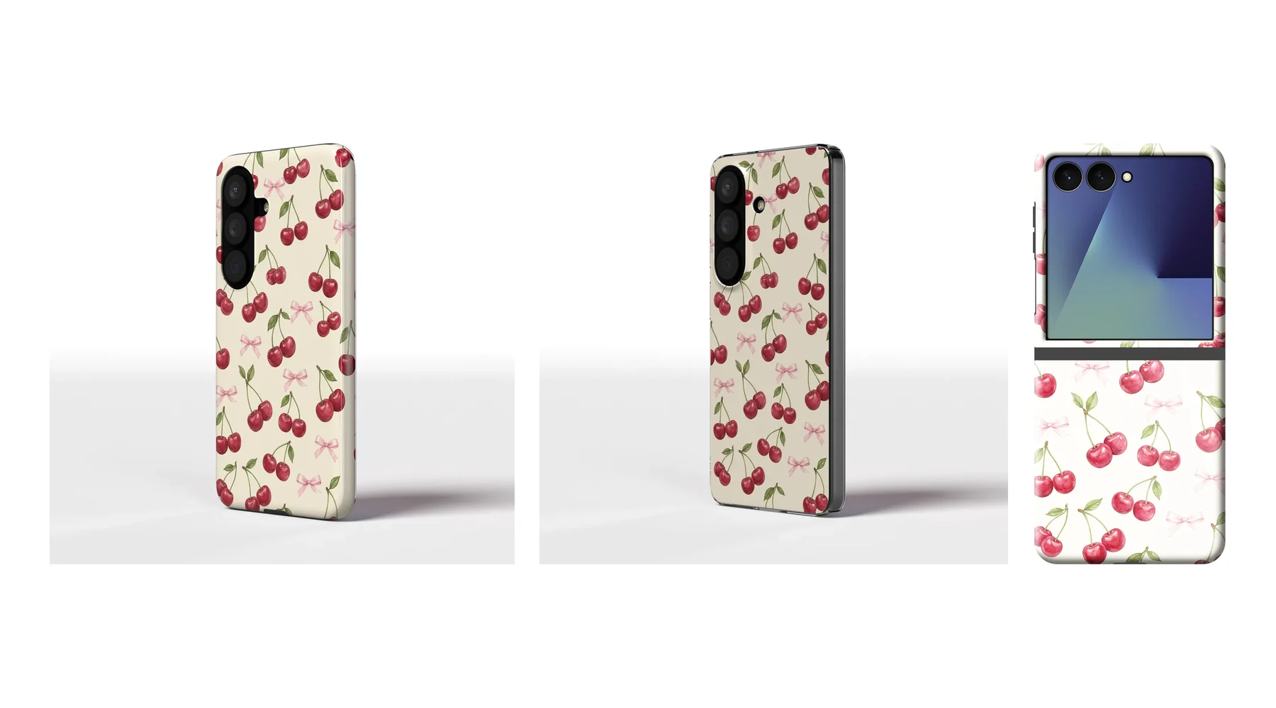 Cherry Bow Toss Tough and Clear cases for Galaxy S26 and a Tough case for Galaxy Z Flip8