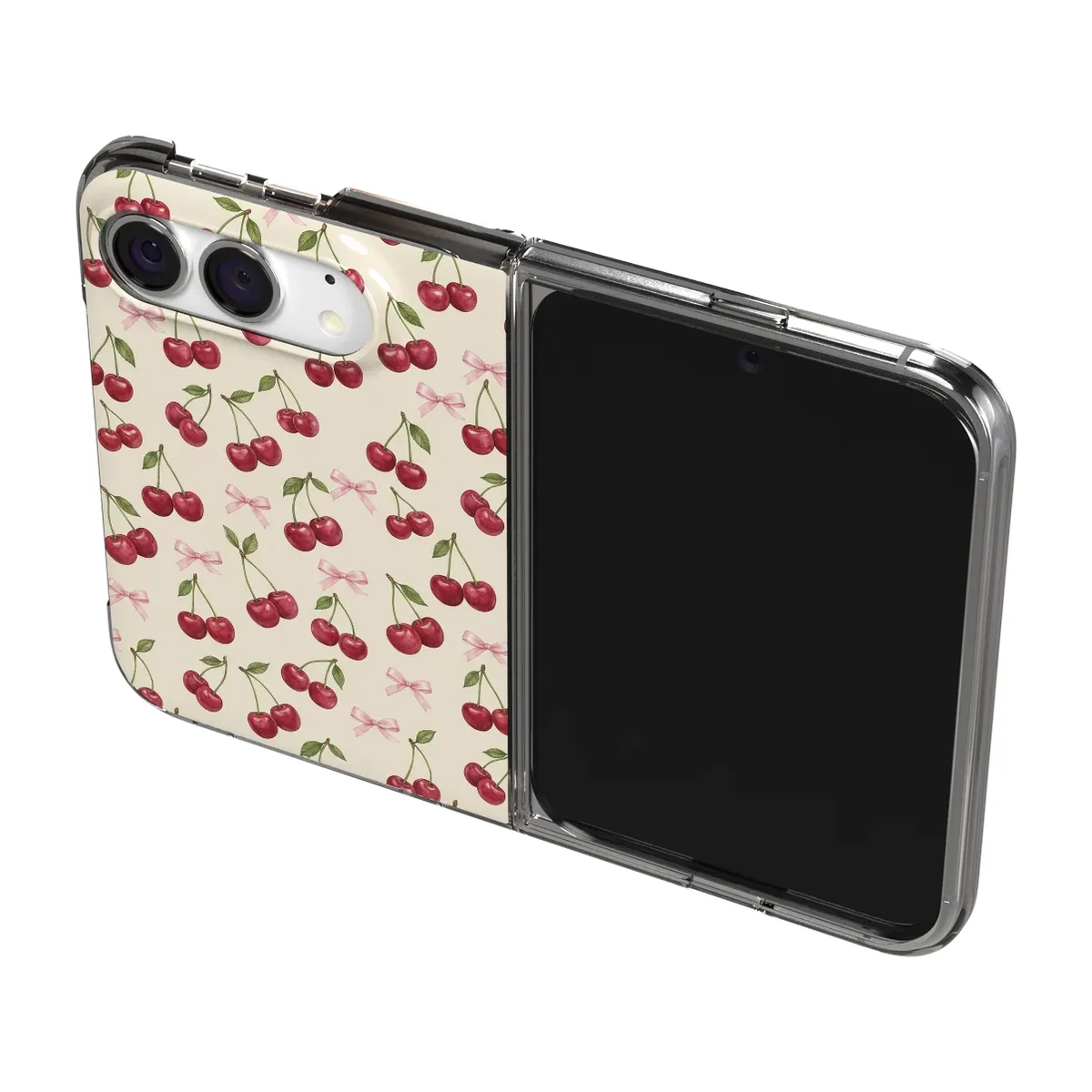Cherry Bow Toss Clear case for iPhone Duo, angled view