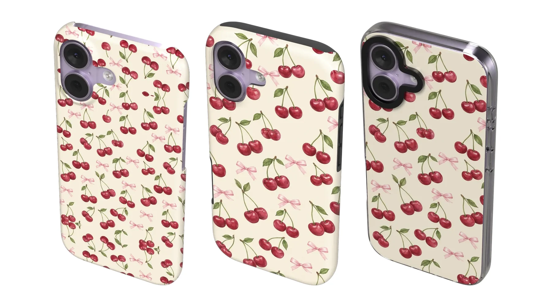 Cherry Bow Toss Snap, Tough and Clear Impact cases for iPhone 17, angled views