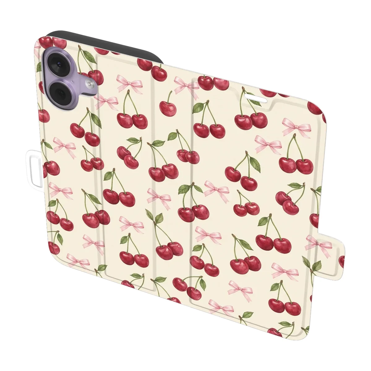 Cherry Bow Toss Wallet case for iPhone 17, printed all over, angled view
