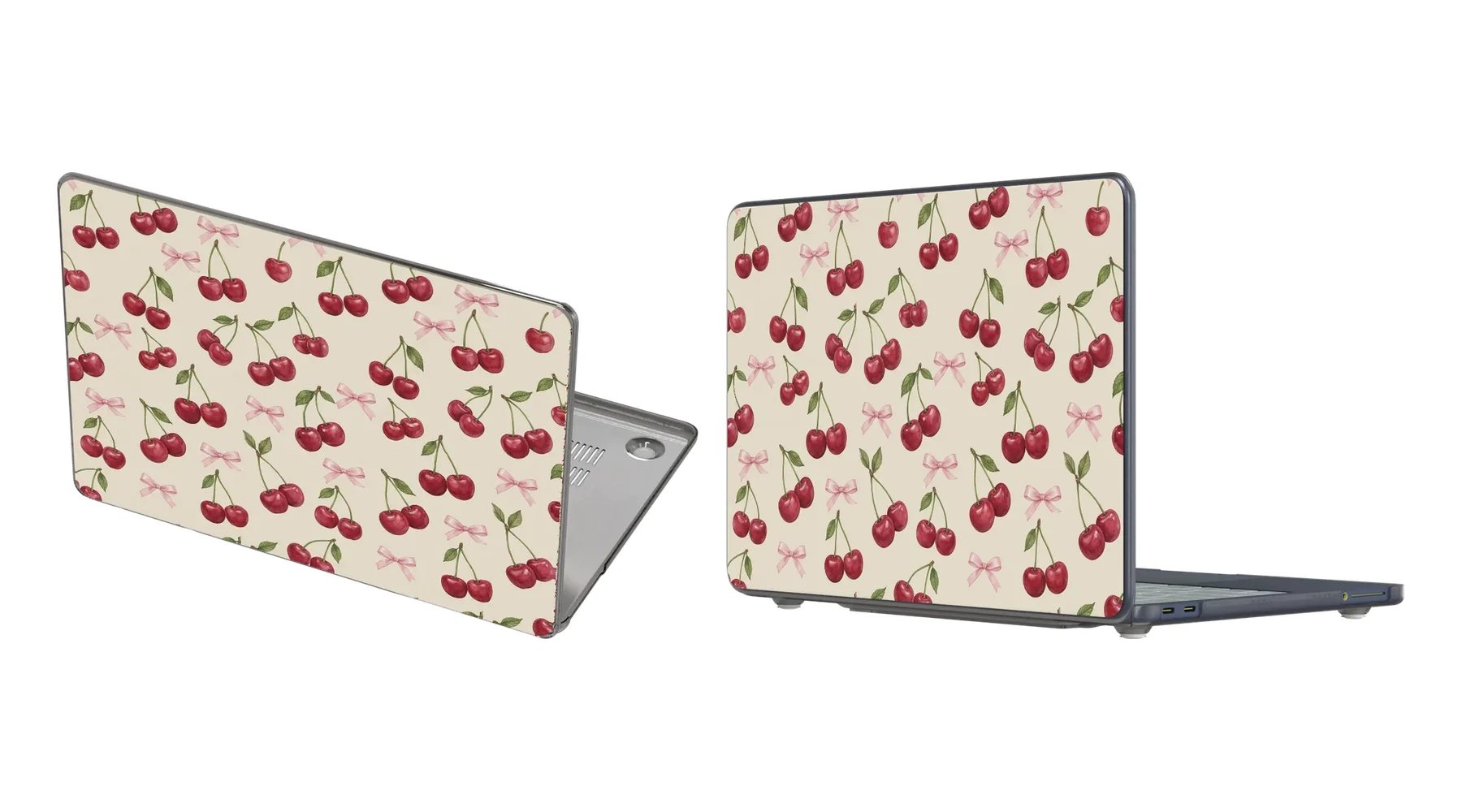 Cherry Bow Toss cases for MacBook Air 13-inch and MacBook Neo 13-inch, angled views