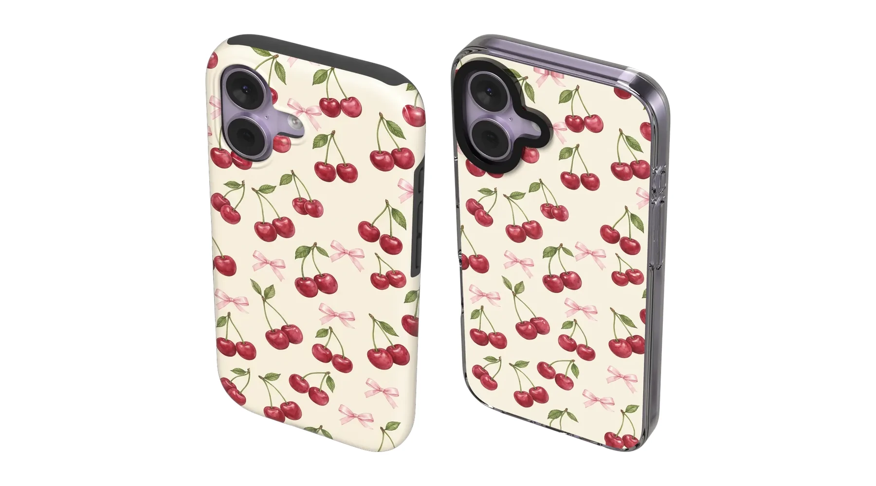 Cherry Bow Toss MagSafe Tough and MagSafe Clear Impact cases for iPhone 17, angled views