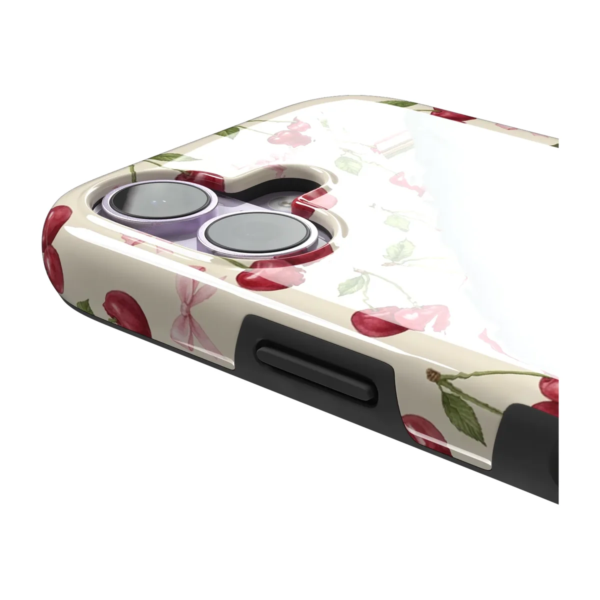 Cherry Bow Toss MagSafe Tough case on iPhone 17, close-up of the side buttons and camera