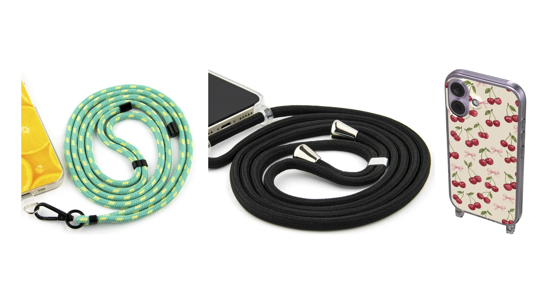 Mint green Universal cord, black Crossbody cord and a Cherry Bow Toss Crossbody case