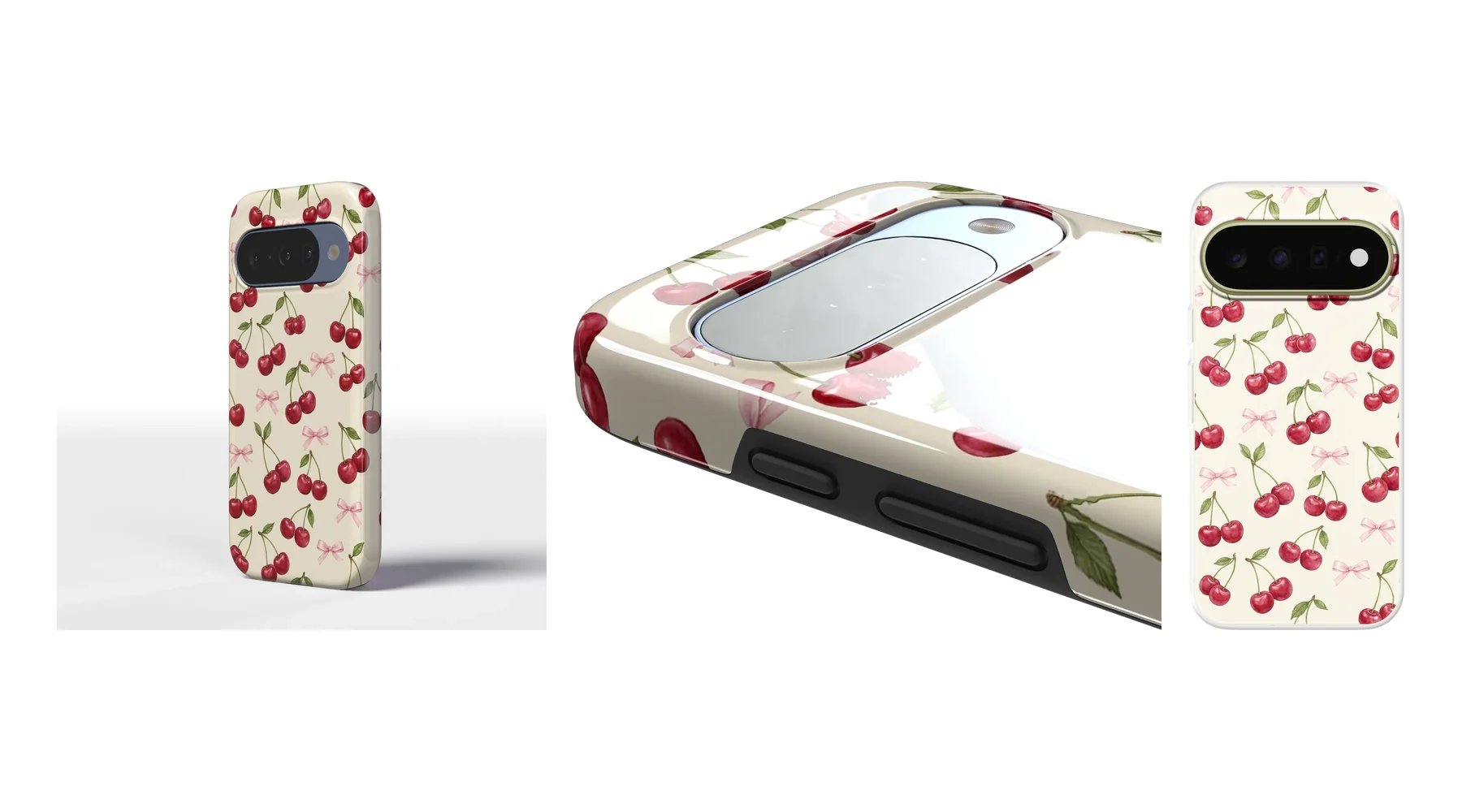 Cherry Bow Toss MagSafe Tough case for Pixel 10 Pro, angled and close-up views, and a Clear Soft case for Pixel 11