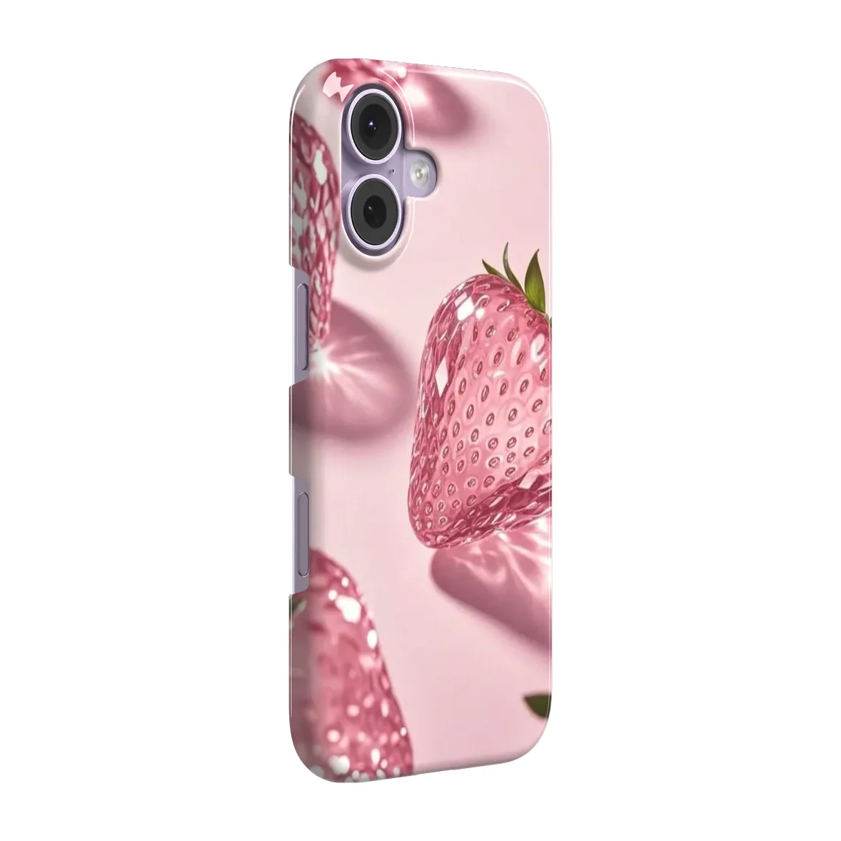 Pink Crystal Strawberry Snap case on iPhone 17, side view