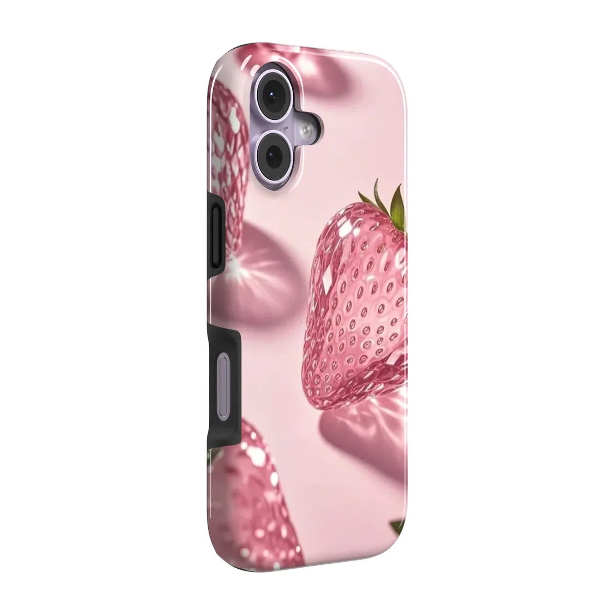 Pink Crystal Strawberry Tough case on iPhone 17, side view showing the black rim