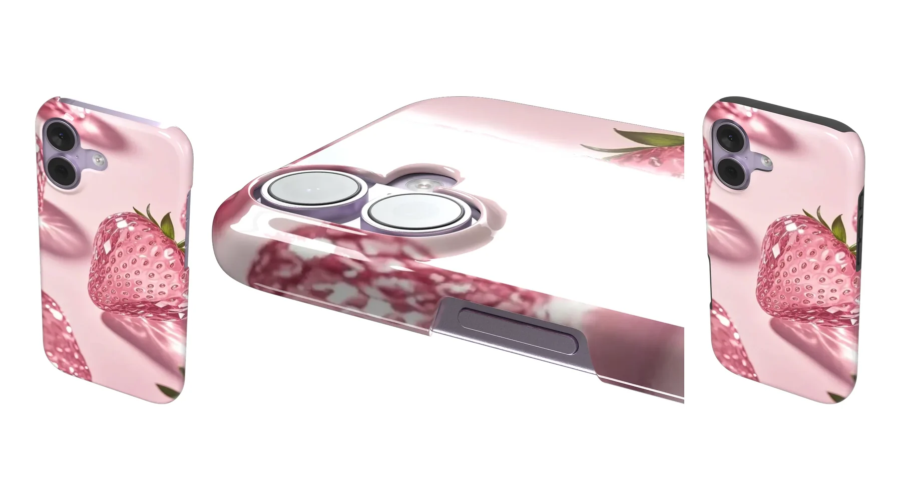 Pink Crystal Strawberry Snap and Tough cases on iPhone 17, angled and close-up views