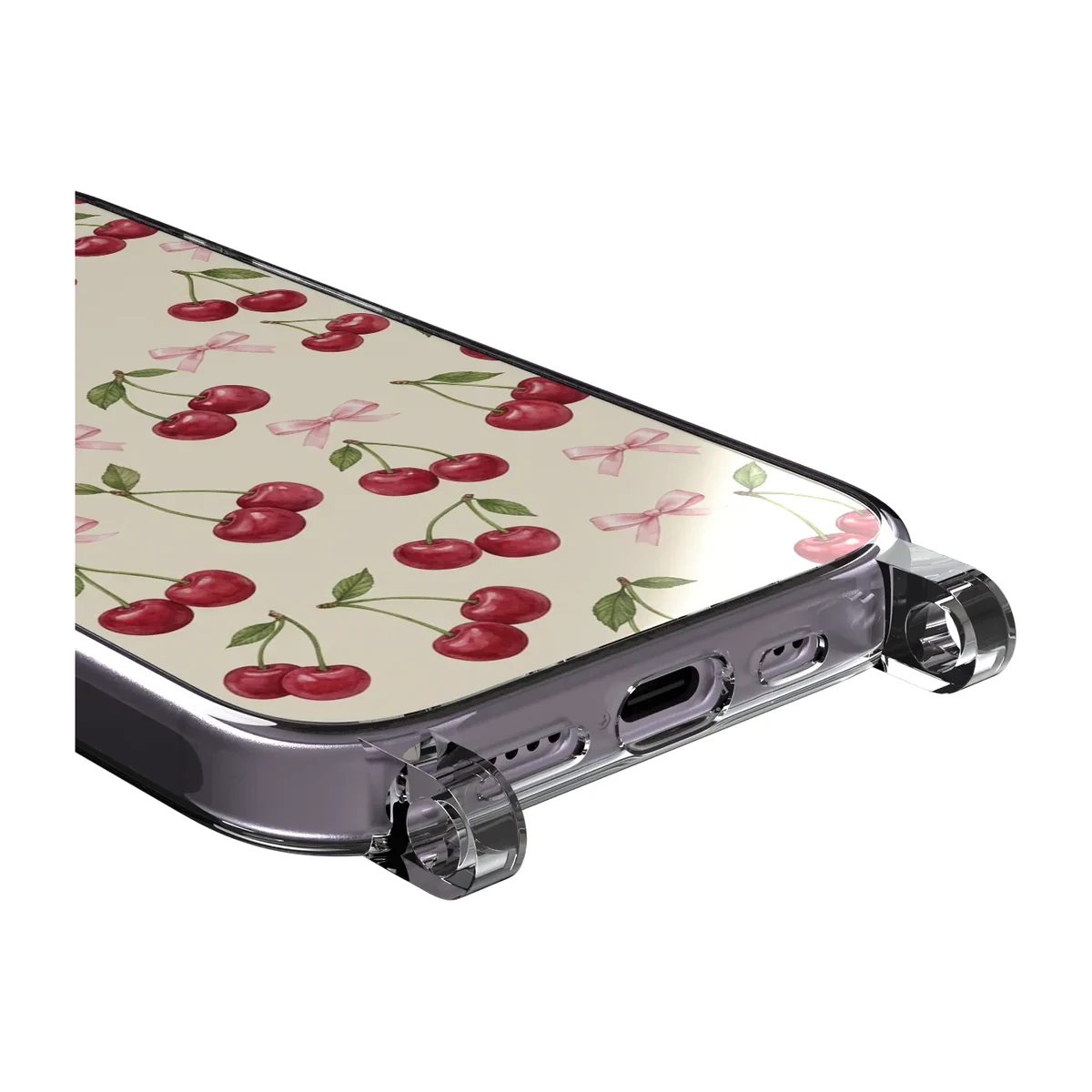 Cherry Bow Toss Crossbody case for iPhone 17, close-up of the strap loop