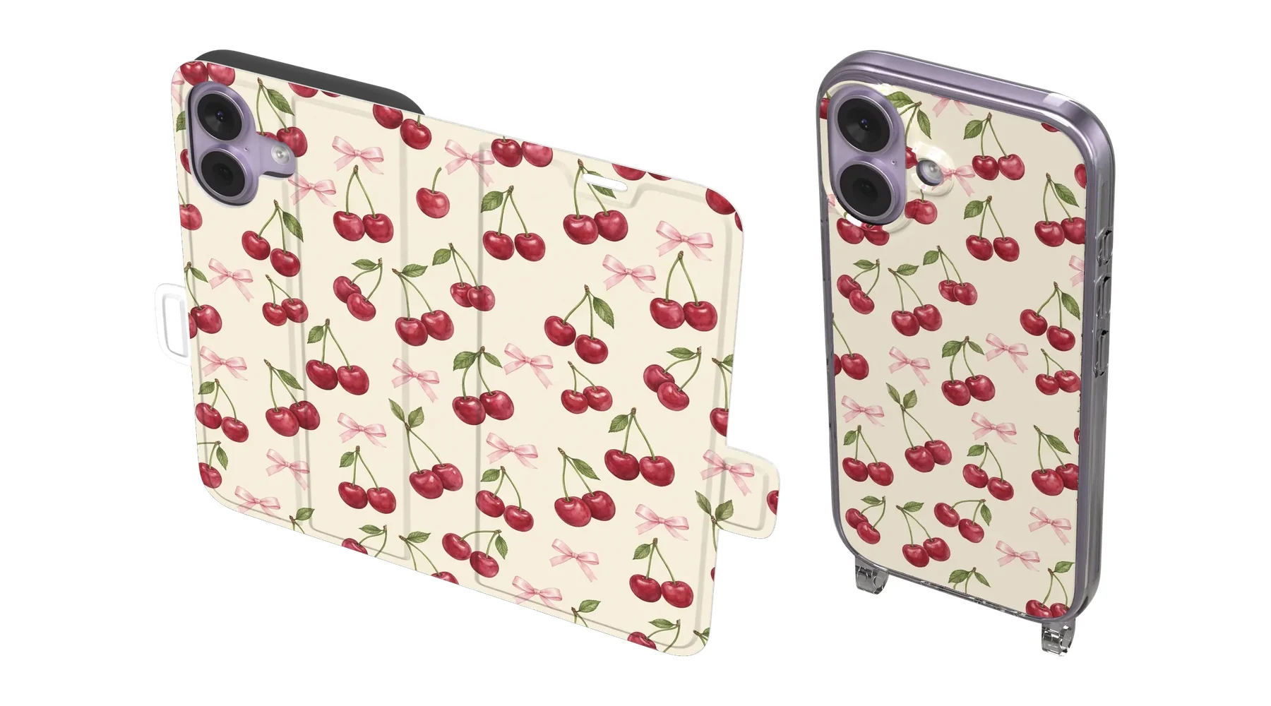 Cherry Bow Toss Wallet and Crossbody cases for iPhone 17, angled views