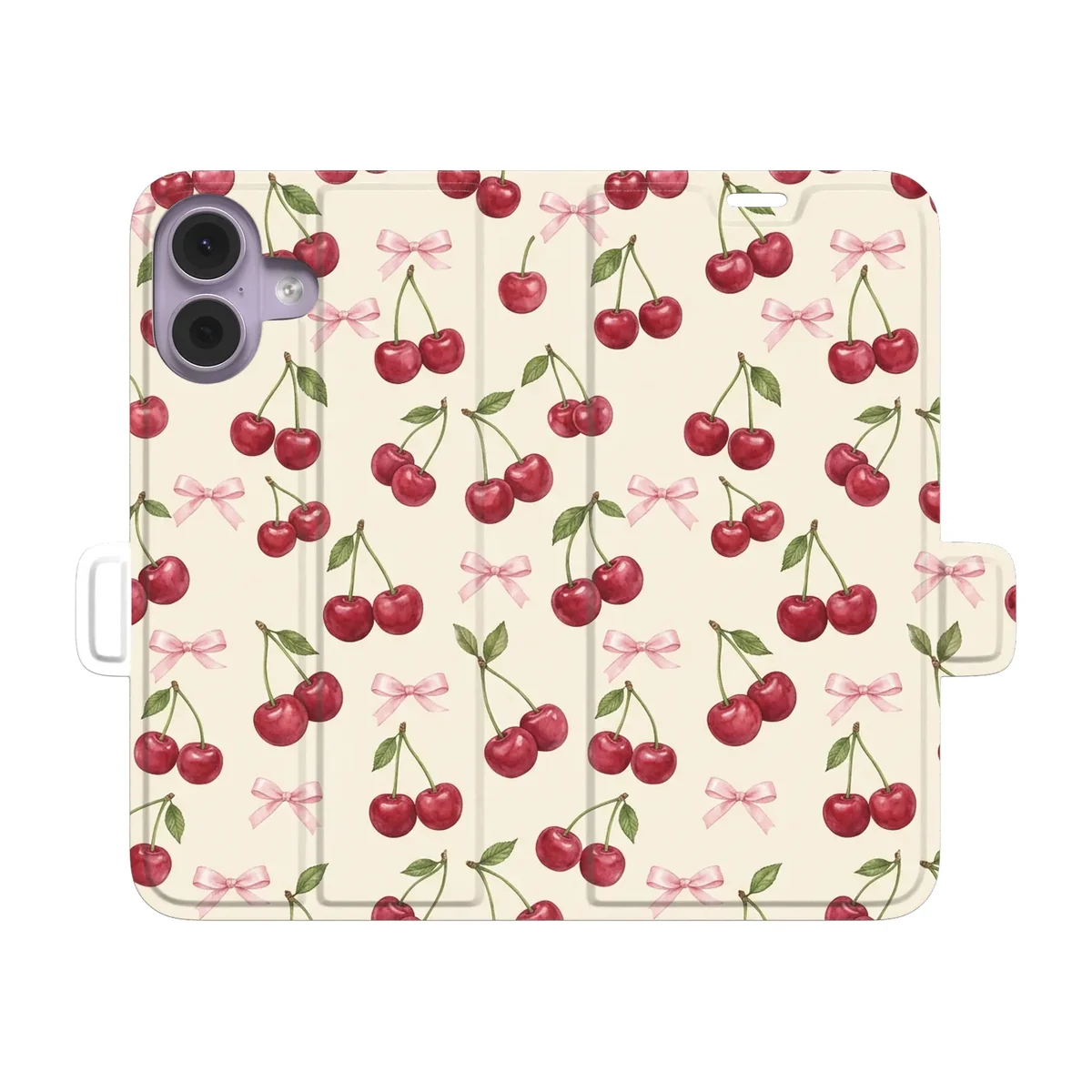 Cherry Bow Toss Wallet case for iPhone 17, printed all over, open